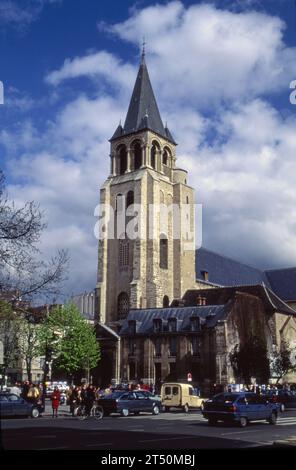 France, Paris, Saint Germain des Pres church tower with spire and cross. Stock Photo