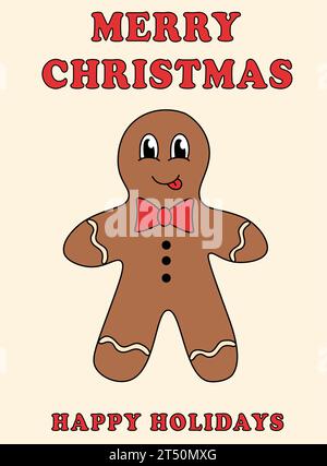 Merry Christmas Groovy Card. Gingerbread Man in retro cartoon style. Happy Holidays. Greeting card, template, posters, prints, party invitations Stock Vector