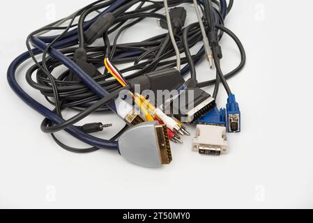 Scart and cinch electronic cables for TV and computer on a white Stock Photo