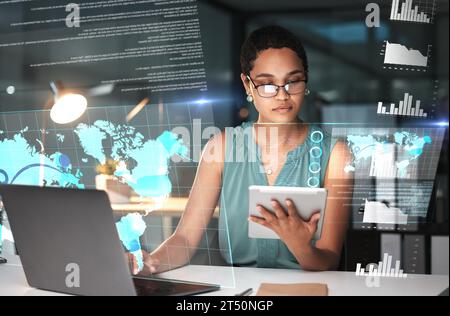 Black woman with tablet, laptop and data overlay for erp innovation, research and programming in future technology. Futuristic global analytics, it Stock Photo