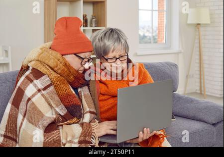 Senior couple in warm blankets watching video or having telemedicine call on laptop Stock Photo