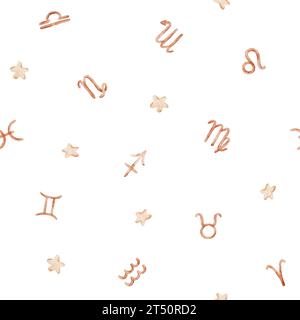 Watercolor seamless kids pattern with stars and symbols of all zodiac signs. Baby horoscope. Perfect for posters, postcards, textiles, packaging, prin Stock Photo