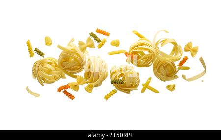 Uncooked mix of pasta flying isolated on a white background Stock Photo