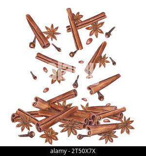 Cinnamons sticks, star anise, dried cloves. Badian, seeds. Winter aromatic spices for hot drinks and Xmas baking. Botanical watercolor illustration Stock Photo