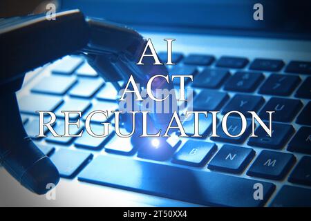 AI regulation symbol. Concept words AI artificial intelligence act regulation , robot hand on beautiful puzzle jigsaw. Business AI artificial intellig Stock Photo