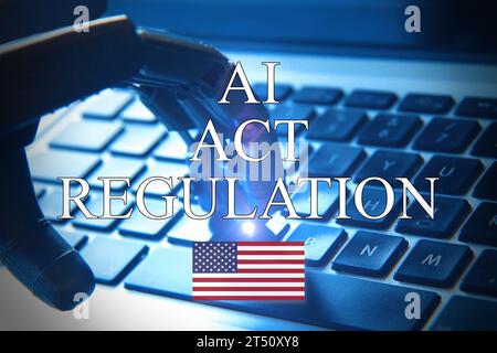 AI regulation symbol. Concept words AI artificial intelligence act regulation , robot hand on beautiful puzzle jigsaw. Business AI artificial intellig Stock Photo