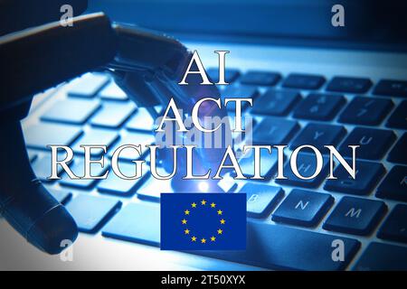 AI regulation symbol. Concept words AI artificial intelligence act regulation , robot hand on beautiful puzzle jigsaw. Business AI artificial intellig Stock Photo