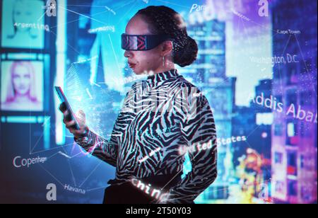Metaverse, virtual reality glasses and woman with phone dashboard overlay for digital transformation. Person with vr headset for global ux ar hologram Stock Photo