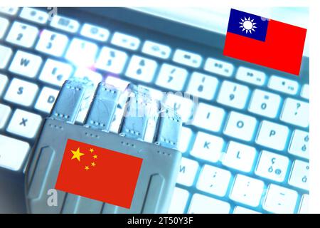 Robotic hand typing on a keyboard with the Taiwan and Chinese flags. Concept of battle for industry device. Stock Photo