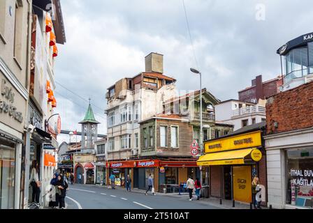 Istanbul, Turkey, Cityscape of Ortakoy with traditional wooden houses. Editorial only. Stock Photo