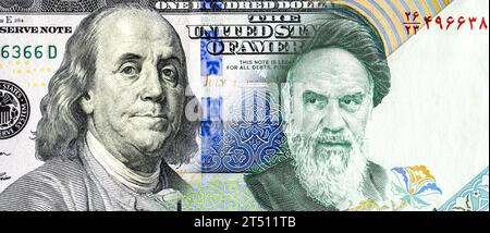 Portrait of Franklin on banknote american dollars and Ayatollah Khomeini on Iranian rials. Business concept of the exchange rate, stock exchange, trad Stock Photo