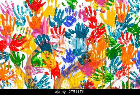 Multicolored colorful handprints on the wall as a creative background Stock Photo