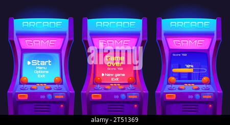 Retro arcade video game machine with neon lights and glowing screen, joystick controller and buttons, coin slot. Cartoon vector illustration set of vintage console with interface on monitor. Stock Vector