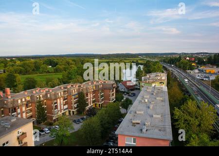 An aerial view over the residential rooftops of Karlovac in Central Croatia. Looking towards the Korana River, with the D1 highway on the right Stock Photo