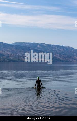 unidentifiable swimmer dressed in a wet suit going into the mountain lake, Kelowna British Columbia, Canada Stock Photo