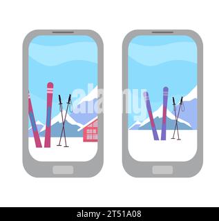Application for booking skis and holidays in the mountains. Vector flat illustration with smartphones and skis with mountains on display. Sports App Stock Vector