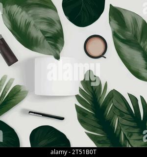 Beauty skincare cream in empty clean tube mockup on green leaves background, organic cosmetic product. Background with copy space. Vector illustration, natural cosmetics concept Stock Vector