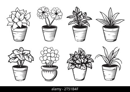 Vector set of house plants and flowers in pots, outline drawings on a white background Stock Vector