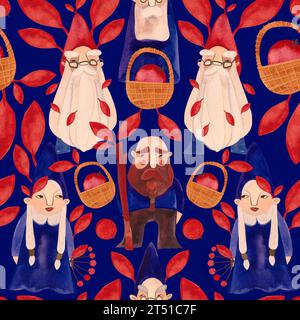 Autumn gnomes. Watercolor seamless pattern for fabrics, home textiles, clothes and wrapping paper. Fairytale vintage style. Dark blue background. Stock Photo