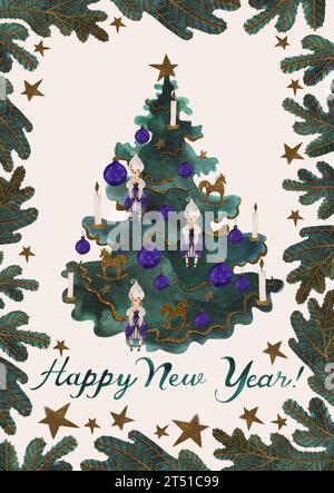 Watercolor postcard with decorated christmas tree. Happy New Year card. Children's toy. A Christmas gift. Raster illustration for packaging, greeting Stock Photo