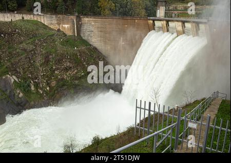 Canicada dam water discharge due to excessive rain in recent days - 02 November 2023. 'Barragem da Canicada' is located in Minho region, Portugal Stock Photo
