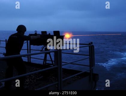 110719PW494-168 ARABIAN SEA (July 19, 2011) A Sailor fires a .50-caliber machine gun during a live-fire exercise on the fantail aboard the aircraft carrier USS George H.W. Bush (CVN 77). George H.W. Bush is deployed supporting maritime security operations and theater security cooperation efforts in the U.S. 5th Fleet area of responsibility on its first operational deployment. Navy Stock Photo