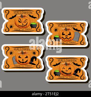Illustration on theme sticker for celebration fun holiday Halloween with orange pumpkins Stock Vector