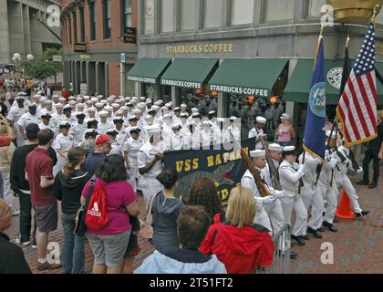 0807041512O-066 BOSTON (July 4, 2008) Sailors assigned to the multi-purpose amphibious assault ship USS Bataan (LHD 5) participate in the Fourth of July parade through Boston beginning at City Hall for a flag raising ceremony and ending at the State Building for a reading of the Declaration of Independence. Bataan is in Boston participating in the 27th annual Boston Harborfest, a six-day long Fourth of July festival showcasing the colonial and maritime heritage of the cradle of the American Revolution. U.S. Navy Stock Photo