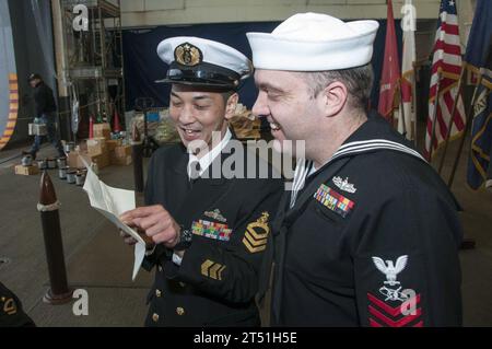 7th Fleet, bilateral, Bonhomme Richard Amphibious Ready Group, Christmas, gift exchange, japan maritime self defense force, JS Kuruma, PACOM, Sasebo, sister ship, tour, U.S. Navy, USS Bonhomme Richard (LHD 6) Stock Photo