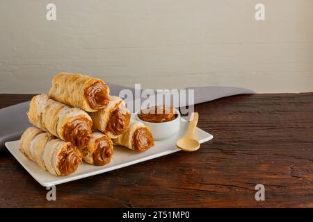 Dulce de leche cannons, typical Argentine dessert sold in bakeries. Stock Photo