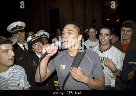 0711035215E-418 ANNAPOLIS, Md. (Nov. 3, 2007) - Naval Academy quarterback, Midshipman 1st Class Kaipo-Noa Kaheaku-Enhada addresses the Brigade of Midshipmen during a homecoming celebration for NavyХs first win in 43 years over Notre Dame. Kaheaku-Enhada threw a 25-yard touchdown pass in triple-overtime, claiming a 46-44 victory over the Fighting Irish. U.S. Navy Stock Photo