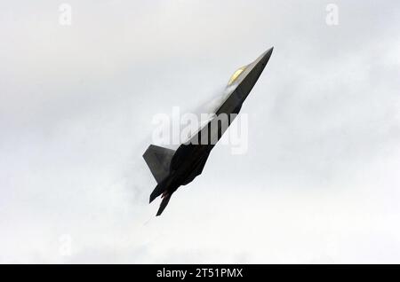 0709096676S-171 VIRGINIA BEACH, Va. (Sept. 9, 2007) - An F-22 Raptor, the world's first stealth air-to-air fighter, demonstrates combat maneuvers while participating in the 2007 Naval Air Station Oceana Air Show. The three-day air show featured demonstrations from the Blue Angels, British Red Devils and Blackwater USA Parachute Jump Teams, and Manfred Radius. U.S. Navy Stock Photo