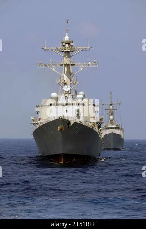 110403XX151-181  PHILIPPINE SEA (April 3, 2011) The guided-missile destroyer USS Sterett (DDG 104) transits in front of the guided-missile frigate USS Reuben James (FFG 57) during Malabar 2011, a bilateral training operation with the Indian navy. Navy Stock Photo