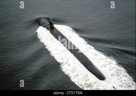 9502230000V-001 FILE PHOTO: Kings B ay, Georgia (Feb. 23, 1995) -- An port quarter view of the nuclear-powered ballistic missile submarine USS Nebraska (SSBN 739) underway in the Atlantic.  U.S. Navy Stock Photo