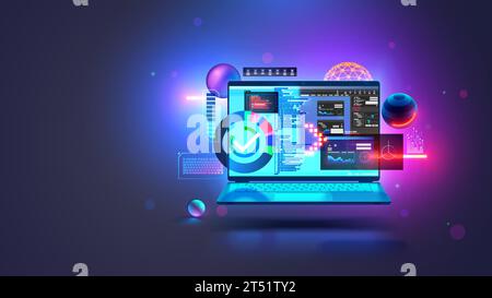 Software development technology. Web design, programming coding concept. Program code on screen laptop, code of program, data, interface elements on s Stock Vector