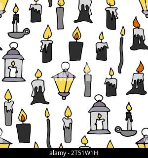 Doodle burning floating candles seamless pattern. Hand-drawn black candlestick, lamp on white background. Holiday, Christmas, church, Halloween drippi Stock Vector