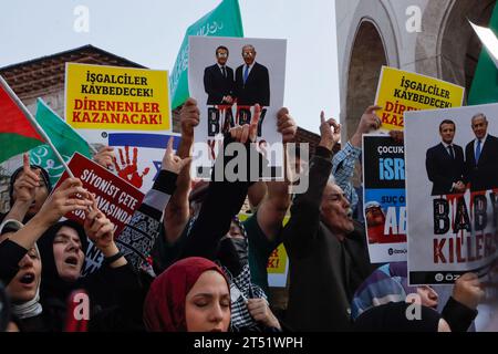 Istanbul, Turkey. 27th Oct, 2023. Protesters hold placards expressing their opinion during the demonstration. Turkish individuals congregated outside Taksim Mosque in Istanbul after Friday prayers, demonstrating their solidarity with the people of Gaza in Palestine. They offered prayers and voiced their unwavering support for the Palestinian community in the face of ongoing events. (Photo by Shady Alassar/SOPA Images/Sipa USA) Credit: Sipa USA/Alamy Live News Stock Photo