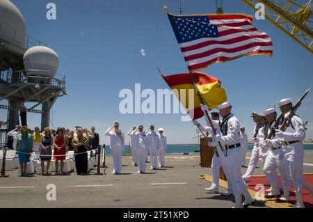 110524ZB612-309 ROTA, Spain (May 24, 2011) The color guard marches on while Chief of Naval Operations (CNO) Adm. Gary Roughead and Adm. Gen. Manuel Rebollo, Spanish Naval Chief of Staff, participate in an award ceremony aboard the Spanish navy aircraft carrier (SPS) Principe De Asturias (R 11) while visiting Rota, Spain. Navy Stock Photo