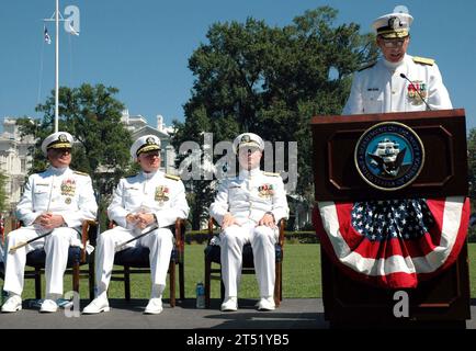 0808080502M-054 WASHINGTON (Aug. 8, 2008) Vice Adm. Kevin M. McCoy addresses the official party and gathered guests after assuming command of Naval Sea Systems Command (NAVSEA) from retiring Vice Adm. Paul E. Sullivan during a change of command ceremony on board the Washington Navy Yard. Official Party included (pictured left to right) Rear Adm. Patrick Lorge, Commandant, Naval District Washington; Chief of Naval Operations, Adm. Gary Roughead; Vice Adm. Sullivan; Honorable Sean J. Stackley (not pictured); and Capt. Gregory Caiazzo (not pictured). Navy Stock Photo