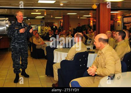 1001067939W-148 NORTH ARABIAN SEA (Jan. 6, 2010) Chief of Naval Operations (CNO) Adm. Gary Roughead speaks with officers during a wardroom call aboard the aircraft carrier USS Nimitz (CVN 68). Nimitz and embarked Carrier Air Wing (CVW) 11 are deployed to the U.S. 5th Fleet area of responsibility. Navy Stock Photo