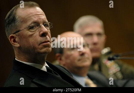 0703290696M-229 WASHINGTON (March 29, 2007) - Chief of Naval Operations (CNO) Adm. Mike Mullen, Secretary of the Navy (SECNAV), the Honorable Dr. Donald C. Winter and Commandant of the Marine Corps Gen. James T. Conway testify before the Senate Armed Services Committee on the 2008 National Defense Budget Request. U.S. Navy Stock Photo