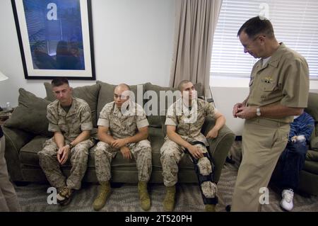 0707180696M-307 SAN DIEGO (July 18, 2007) - Chief of Naval Operations (CNO) Adm. Mike Mullen speaks with Marines assigned to the wounded warrior barracks at Naval Medical Hospital Balboa. U.S. Navy Stock Photo