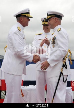 1006109271M-198 SAN DIEGO (June 10, 2010) Rear Adm. Edward Hebner relieves Rear Adm. Frank J. Drennan as Commander, Naval Mine and Anti-submarine Warfare Center during a ceremony at Naval Base Point Loma, Calif. Navy Stock Photo