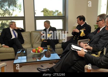 1009308273J-068  CANBERRA, Australia (Sept. 30, 2010) Chief of Naval Operations (CNO) Adm. Gary Roughead meets with the Honorable Kevin Rudd MP, AustraliaХs Minister of Foreign Affairs, while visiting Canberra. Roughead is in Australia to attend the 12th Wester Pacific Naval Symposium in Sydney and visit with Sailors and leadership of the Royal Australian Navy. Navy Stock Photo