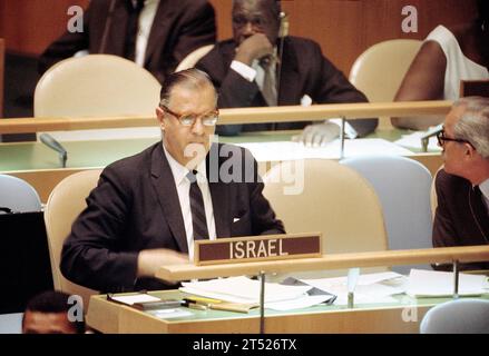 Israeli Minister of Foreign Affairs Abba Eban at his desk, United Nations General Assembly, New York City, New York, USA, Bernard Gotfryd, June 20, 1967 Stock Photo