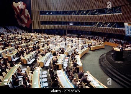 Israeli Minister of Foreign Affairs Abba Eban speaking to General Assembly, United Nations, New York City, New York, USA, Bernard Gotfryd, June 27, 1967 Stock Photo