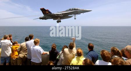 0706025345W-173 NORFOLK, Virginia (June 2, 2007) - Guests gathered in the bow catwalks get an up-close look as an F/A-18F Super Hornet attached to the 'Red Rippers' of Strike Fighter Squadron (VFA) 11 as it launches from waist catapult number four during an air power demonstration on board the Nimitz-class aircraft carrier USS Harry S. Truman (CVN 75). Truman Sailors brought over 4000 guests on board for a day-long Friends and Family Day cruise on June 2.  U.S. Navy Stock Photo