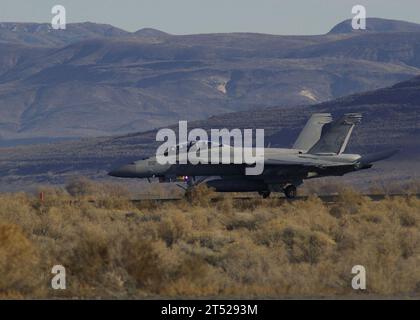 1012078255P-002 FALLON, Nev. (Dec. 7, 2010) An F/A-18F assigned to Fighter Attack Squadron (VFA) 213 lands at Van Voorhis Airfield at Naval Air Station Fallon during the final phase of training for Carrier Air Wing (CVW) 8 before embarking for a deployment aboard the aircraft carrier USS Theodore Roosevelt (CVN-71). Naval Strike and Air Warfare Center is the custodian of 44 aircraft, including F/A-18 Alpha and Charlie Hornet variants, F/A-18F Super Hornets, F-16 Alfa and Bravo Viper variants, H-60S Sea Hawk helicopters and E2-C Hawkeye aircraft. CVW-8 is nearing the completion of air wing trai Stock Photo