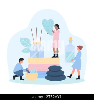 Spa and herbal alternative therapy in clinic vector illustration. Cartoon tiny people practice therapeutic massage with jade gua sha and marble stone, traditional aromatherapy, naturopathy for healing Stock Vector