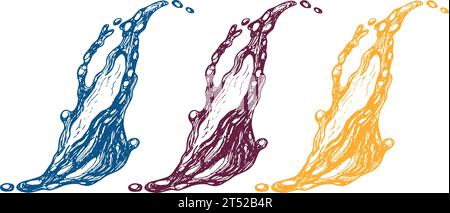 Transparent blue water, wine, juice splashes with drops. Vector liquid fluids with droplets, isolated realistic sketch elements, transparent fresh Stock Vector